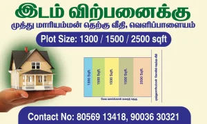 Residential plot layout map for sale in Velipalayam, Nagapattinam at Muthu Mariamman South Street, showing 1300, 1500, and 2500 sqft sizes.